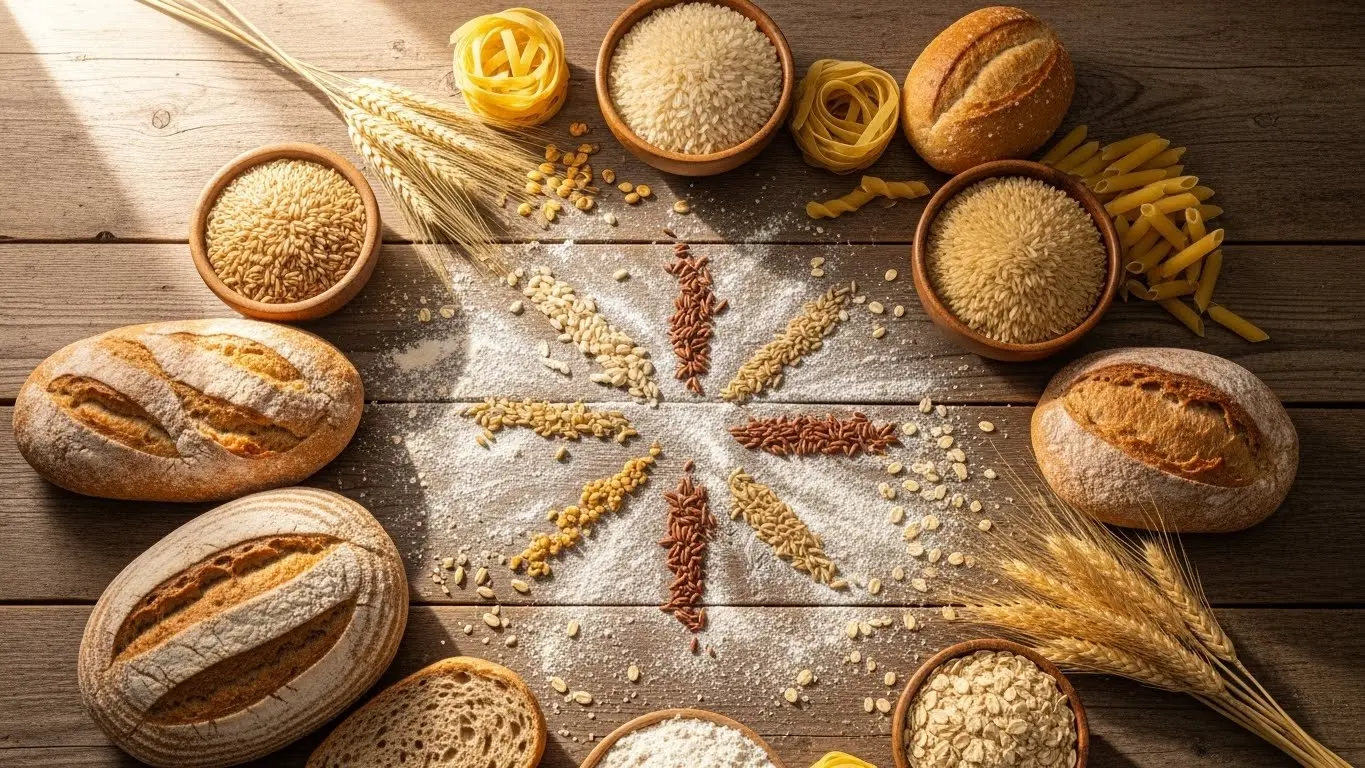 Complete grain nutrition guide showing bread, rice, pasta and whole grains with detailed nutritional information