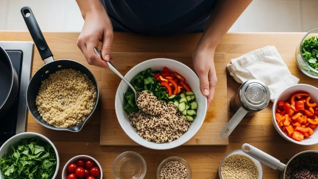 Preparing healthy grain bowl showing practical grain nutrition integration into daily meals
