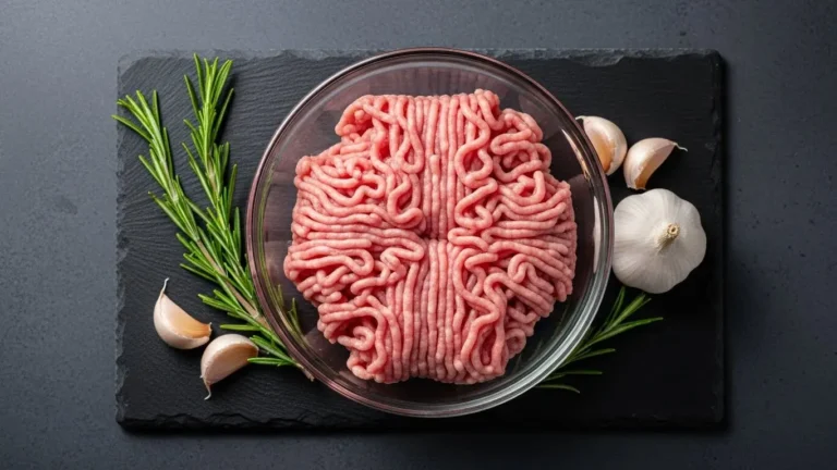 Raw lean ground turkey in glass bowl with rosemary and garlic on dark slate cutting board