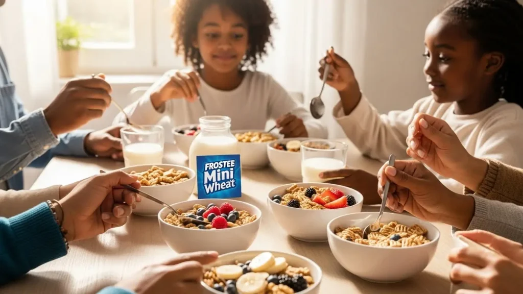 Family breakfast table with multiple bowls of Frosted Mini Wheats topped with berries bananas and nuts in morning light