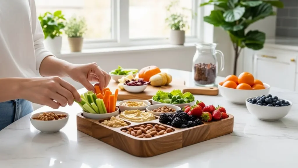 Preparing nutritious snack alternatives showing healthy snacking strategies with fresh vegetables, nuts and fruits