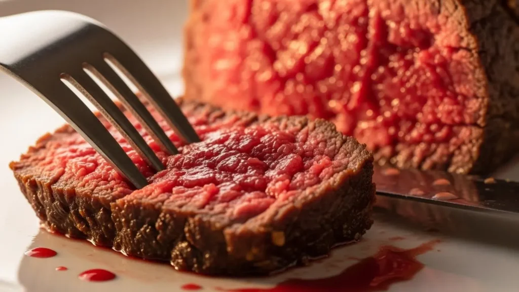 Sliced filet mignon showing red iron-rich interior with juicy muscle fibers and natural meat juices