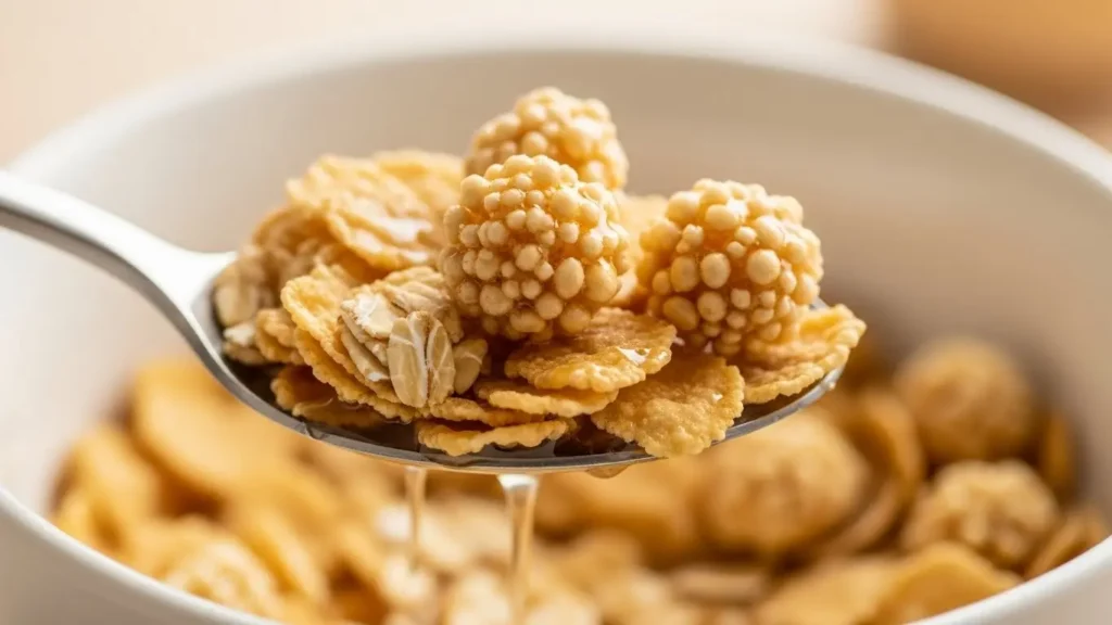 Macro close-up of honey oat cereal clusters and flakes on spoon showing texture