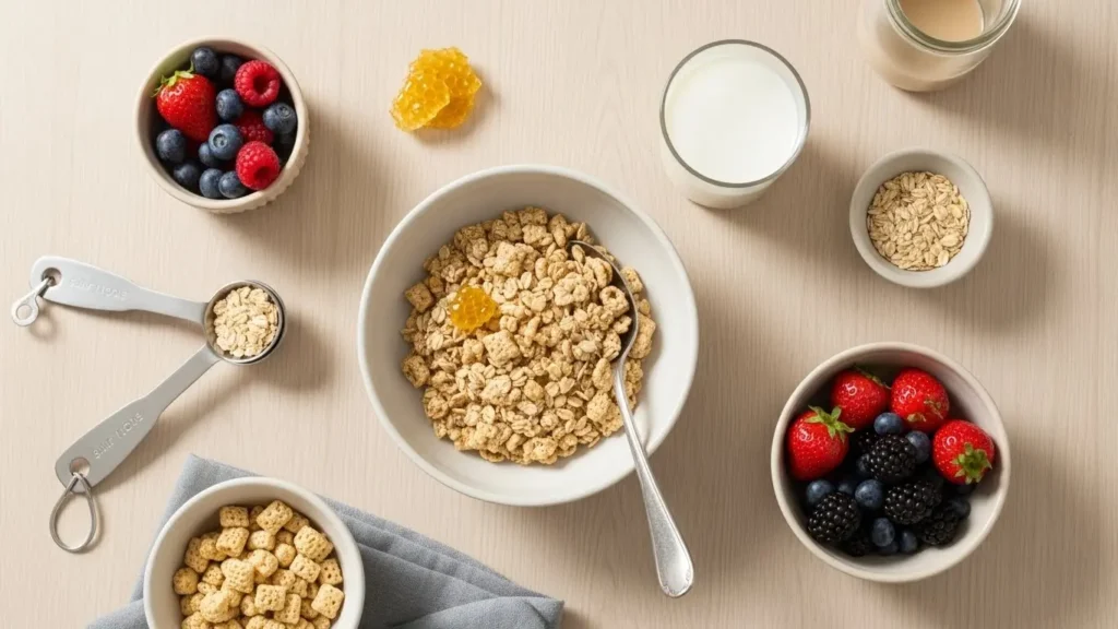Overhead view of balanced breakfast with oat cereal, milk, berries and measuring spoons