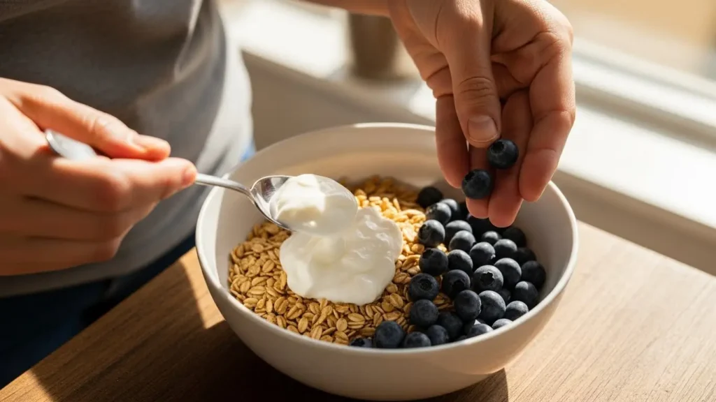 Hands adding Greek yogurt and blueberries to bowl of oat cereal for protein boost