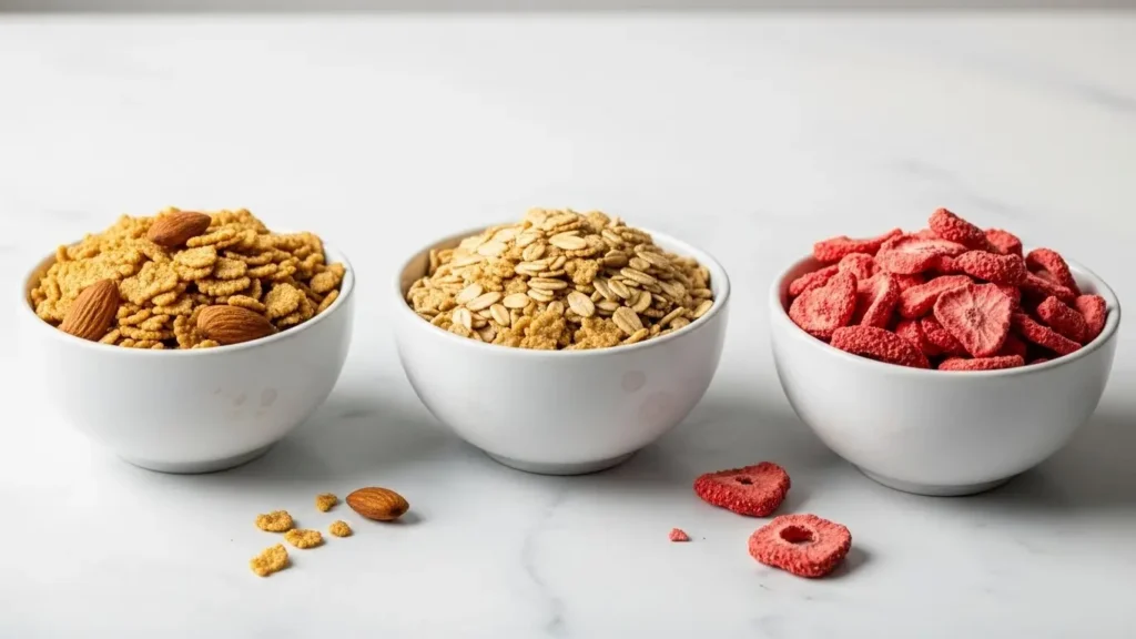 Three bowls showing different oat cereal varieties with almonds and strawberries