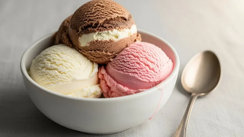 Scoops of vanilla chocolate and strawberry ice cream showing calorie-dense frozen dessert nutrition