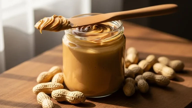 Creamy peanut butter in glass jar with wooden knife and scattered roasted peanuts on rustic board