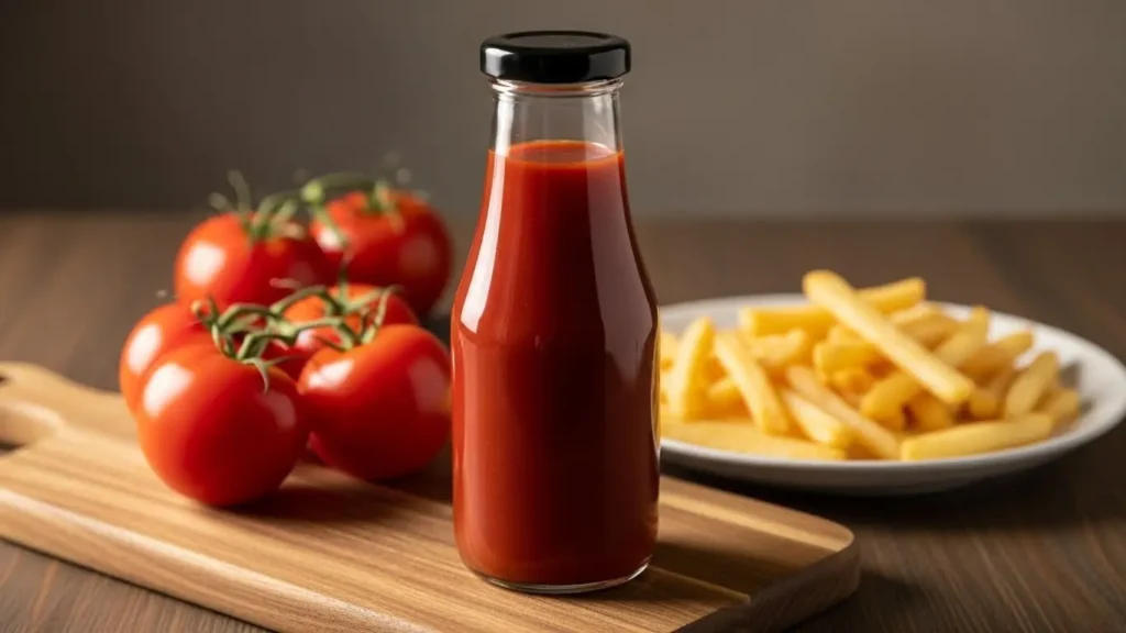 Ketchup bottle with tomatoes and fries showing ketchup nutrition as popular American condiment