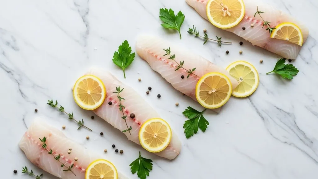 Fresh lean white fish fillets providing high-quality protein with minimal fat for optimal fish nutrition