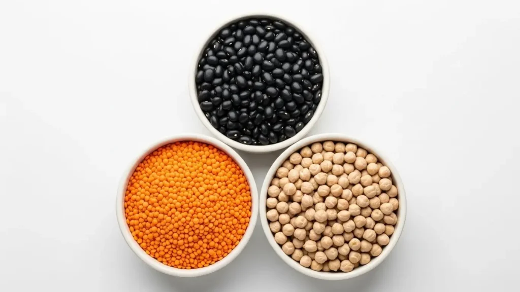 Three legume types showing legume nutrition guide with side-by-side nutritional comparisons