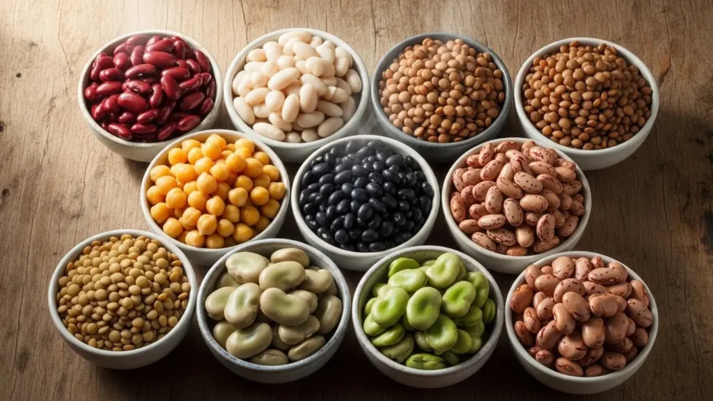 Variety of cooked beans showing legume nutrition differences across multiple bean types