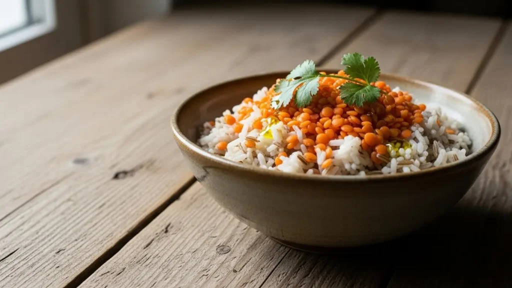 Lentils and rice combination showing lentil nutrition and complementary protein pairing