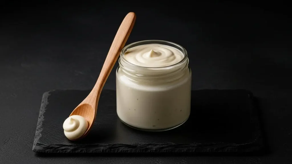 Mayonnaise jar and spoon showing mayo nutrition as high-fat calorie-dense condiment option