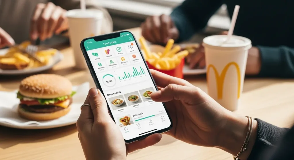 McNugget nutritional content tracking concept with smartphone food app at casual dining table