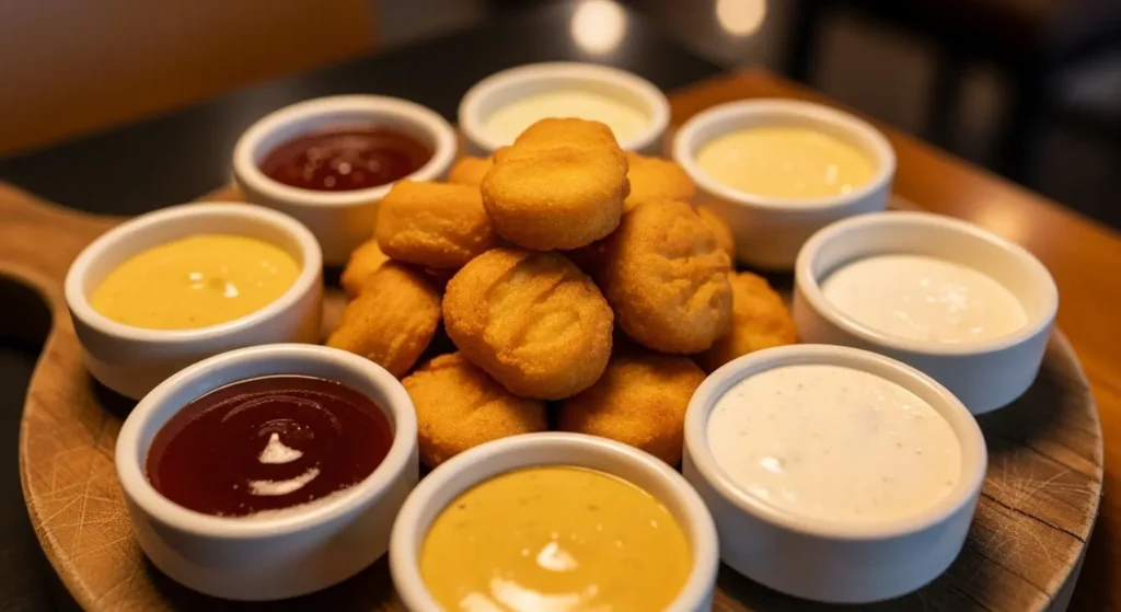 McNugget per serving with dipping sauces BBQ honey mustard ranch on wooden board appetizing display
