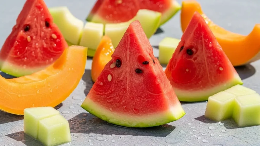 Fresh watermelon and cantaloupe slices showing high water content and vitamin A for optimal melon nutrition