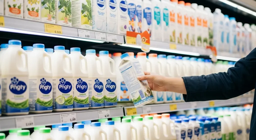 Milk Nutrition Facts: Complete Guide to Calories, Protein & Health Benefits 3 Person selecting milk at grocery store dairy section for healthy nutrition choice