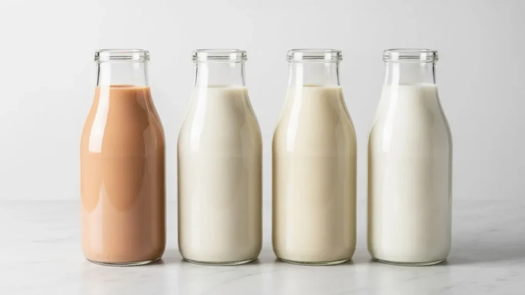 Dairy Products Nutrition: Complete Database 2 Four glass bottles showing milk nutrition varieties from whole milk to skim milk with visible color differences indicating fat content levels