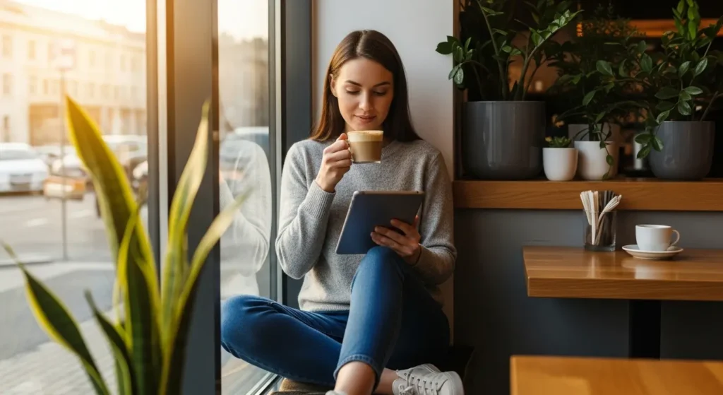 Starbucks Chai Latte Nutrition: Calories, Sugar & Macros 4 Woman enjoying Starbucks chai latte mindfully as part of balanced nutrition lifestyle