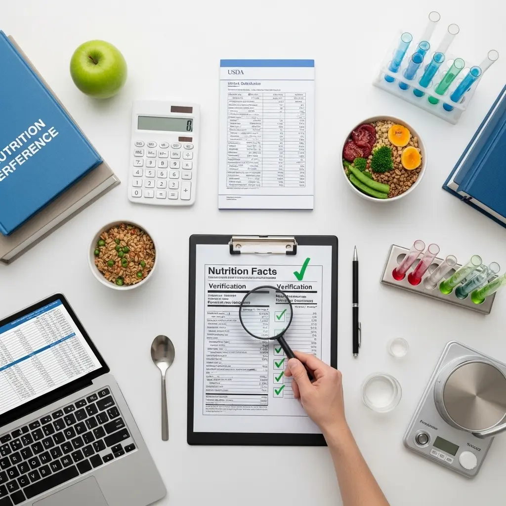 How Food Nutrition Facts Verifies Every Nutritional Value Scientific nutrition data verification process showing USDA database reports, FDA compliance documents, fresh food samples, and nutritional analysis tools