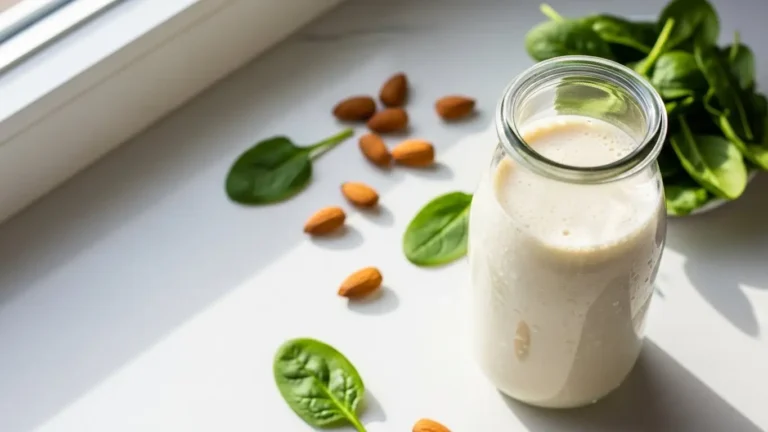 Fresh nutrition shake in glass bottle with almonds and spinach on modern kitchen counter