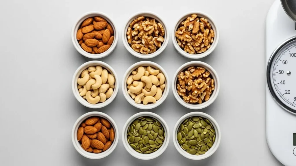 Nuts & Seeds Nutrition Database: Complete Guide to Protein, Fats & Minerals 2026 8 Measured one-ounce portions of various nuts showing proper serving sizes for nutrition management