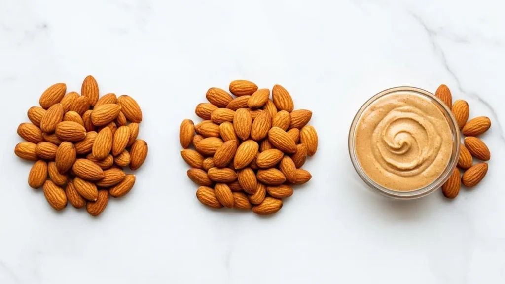Nuts & Seeds Nutrition Database: Complete Guide to Protein, Fats & Minerals 2026 5 Raw almonds, roasted almonds, and almond butter showing processing effects on nut nutrition