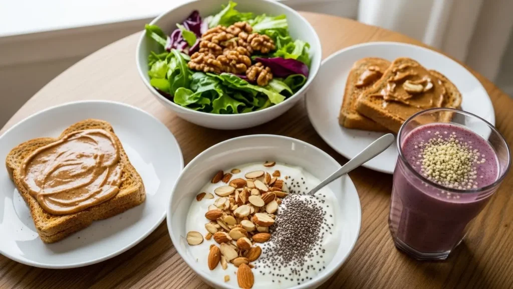 Nuts & Seeds Nutrition Database: Complete Guide to Protein, Fats & Minerals 2026 7 Nuts and seeds integrated into healthy meals showing practical daily nutrition applications