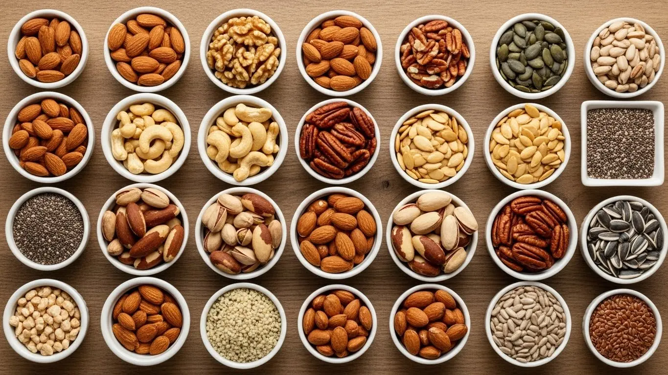 Nuts & Seeds Nutrition Database: Complete Guide to Protein, Fats & Minerals 2026 1 Variety of nuts and seeds including almonds, walnuts, and chia showing diverse nutrient-dense nutrition