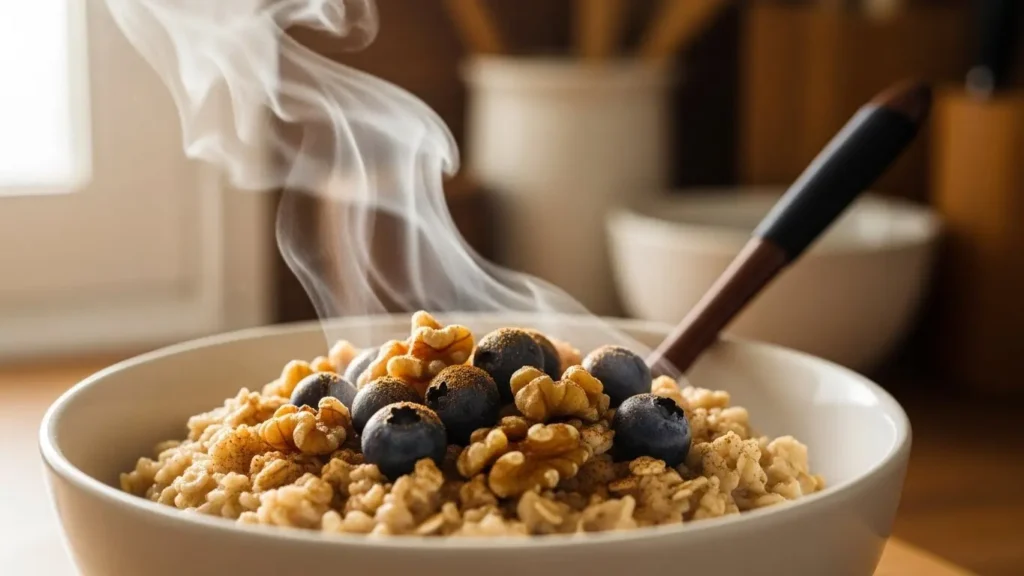 A steaming bowl of steel-cut oats with berries for oatmeal nutrition and fiber benefits.