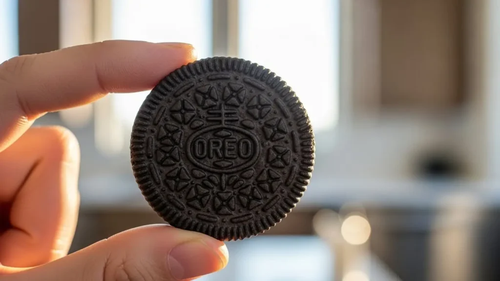 Single Oreo cookie held in hand showing serving size for calorie counting