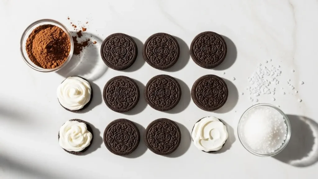 Deconstructed Oreo cookie with cocoa and sugar ingredients on marble surface