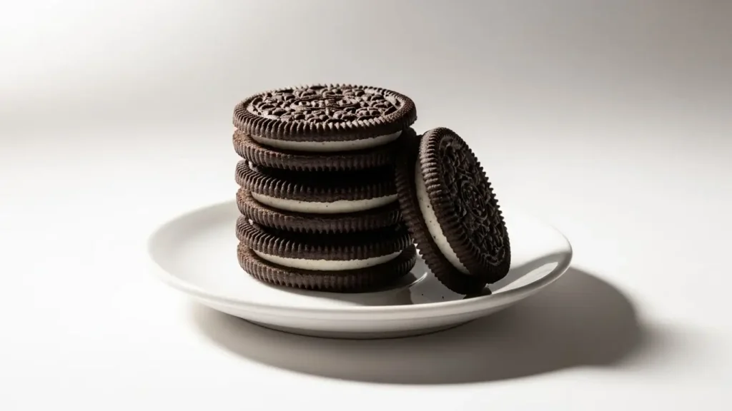 Three Oreo cookies stacked showing standard serving size for macro calculation