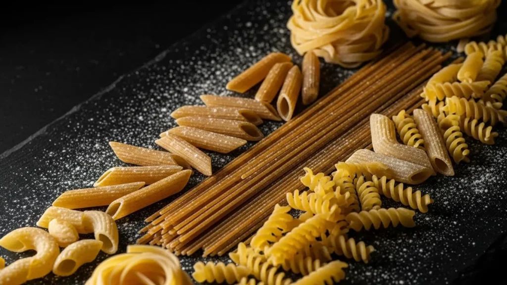 Variety of pasta types showing pasta nutrition including traditional semolina and alternative grain options