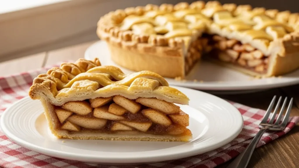 Homemade apple pie slice with lattice crust showing pie nutrition with fruit and pastry components