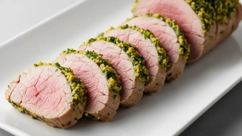 Meat & Protein Nutrition Facts Database 4 Herb-crusted pork tenderloin highlighting lean pork nutrition.