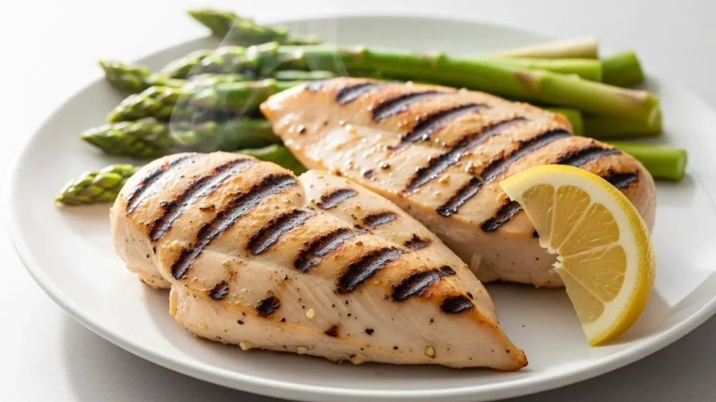 Meat & Protein Nutrition Facts Database 3 Healthy grilled chicken breast meal illustrating poultry nutrition.