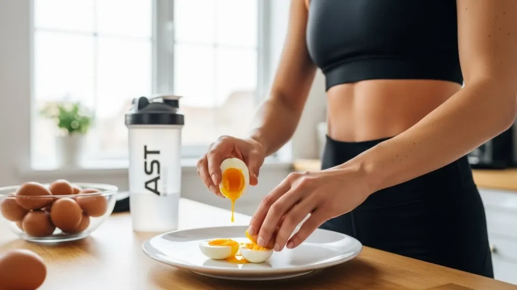 2 Eggs Nutrition Info: Complete Scientific Analysis 1 Athletic woman preparing soft-boiled eggs showing creamy yolks for post-workout protein meal