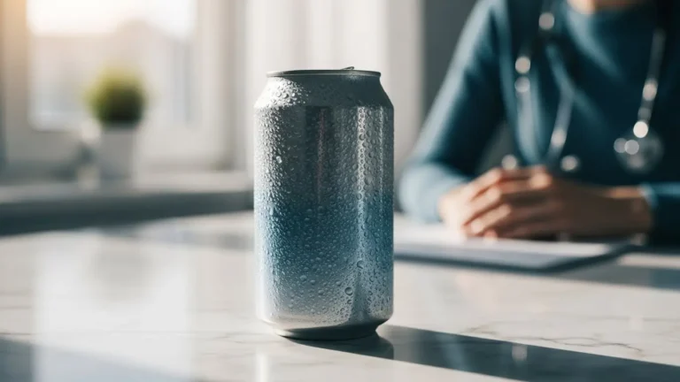 Energy drink can with condensation in clinical nutrition consultation setting with natural morning light