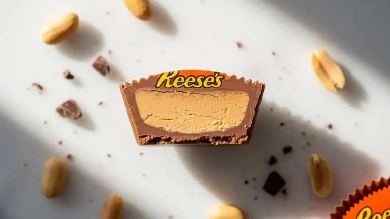 Reese's peanut butter cup cut in half showing creamy peanut butter filling on marble surface with peanuts