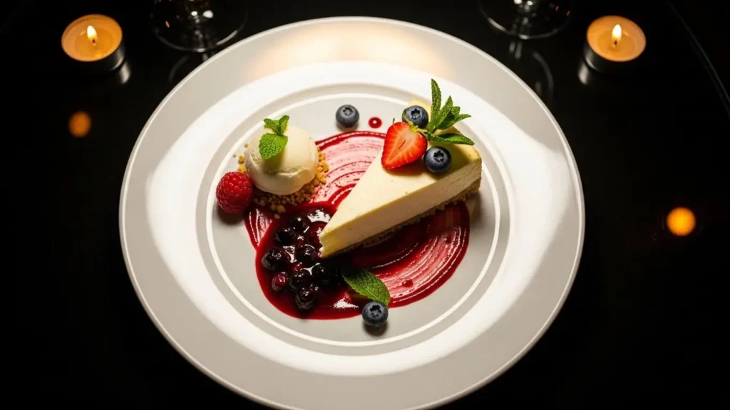 Upscale restaurant cheesecake dessert showing high-calorie specialty dessert nutrition and portions