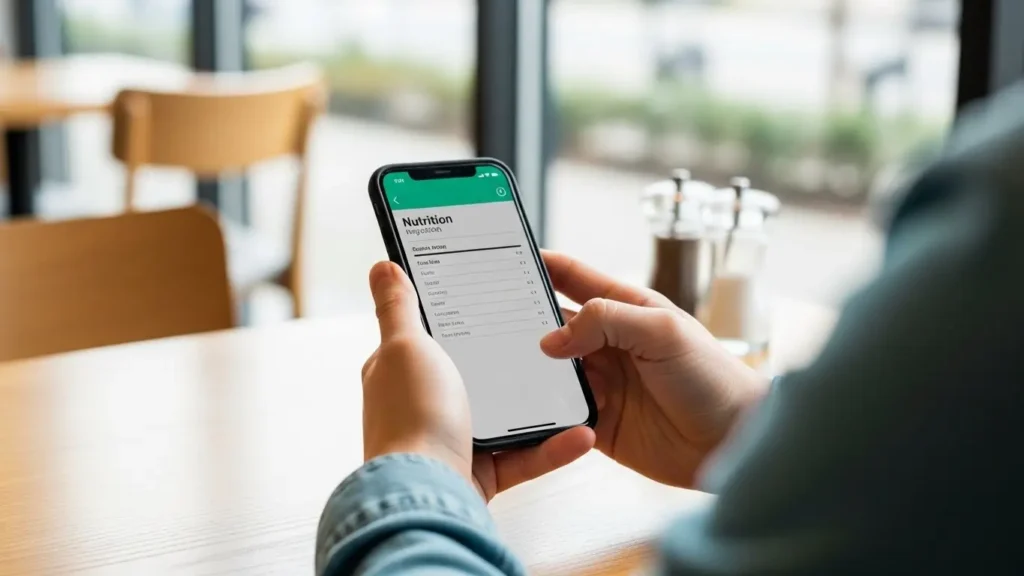 Restaurant Chain Nutrition Guide 8 Person using nutrition app at restaurant showing practical ordering strategies and restaurant menu nutrition tools