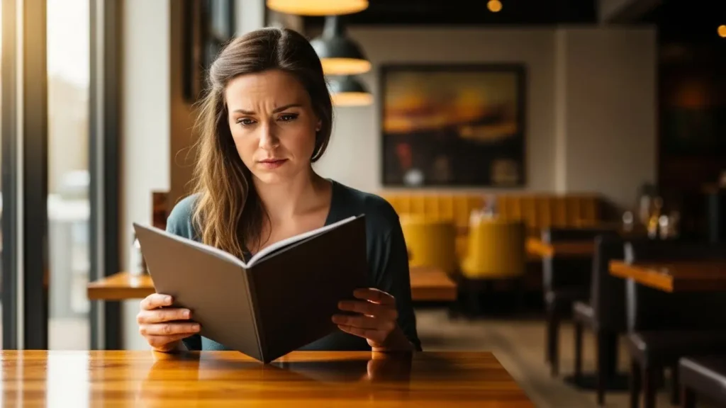 Restaurant Chain Nutrition Guide 2 Person reading restaurant menu showing thoughtful consideration of restaurant menu nutrition and dining choices