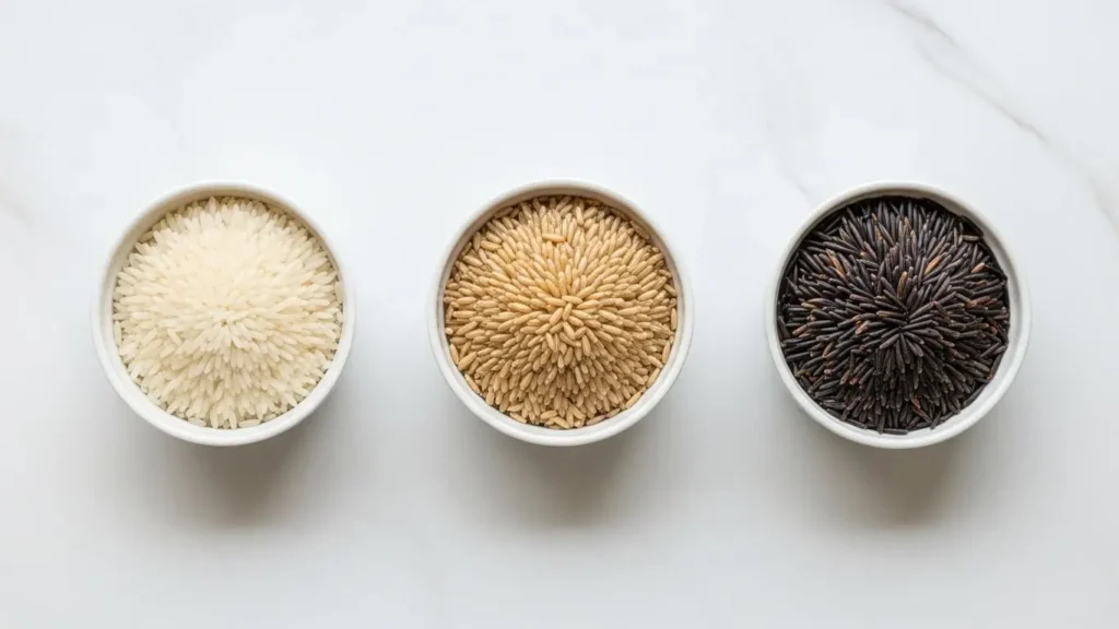 White, brown and wild rice varieties showing rice nutrition differences across processing methods