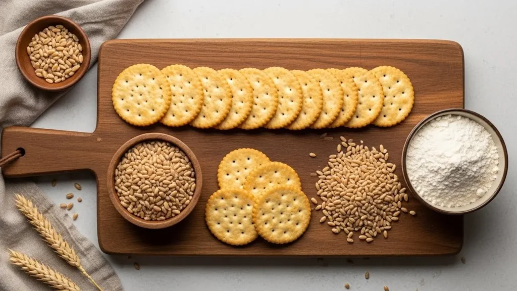 Saltine Crackers Nutrition: Complete Facts & Expert Analysis 2 Saltine crackers with wheat grains and flour showing carbohydrate source ingredients for macronutrient analysis