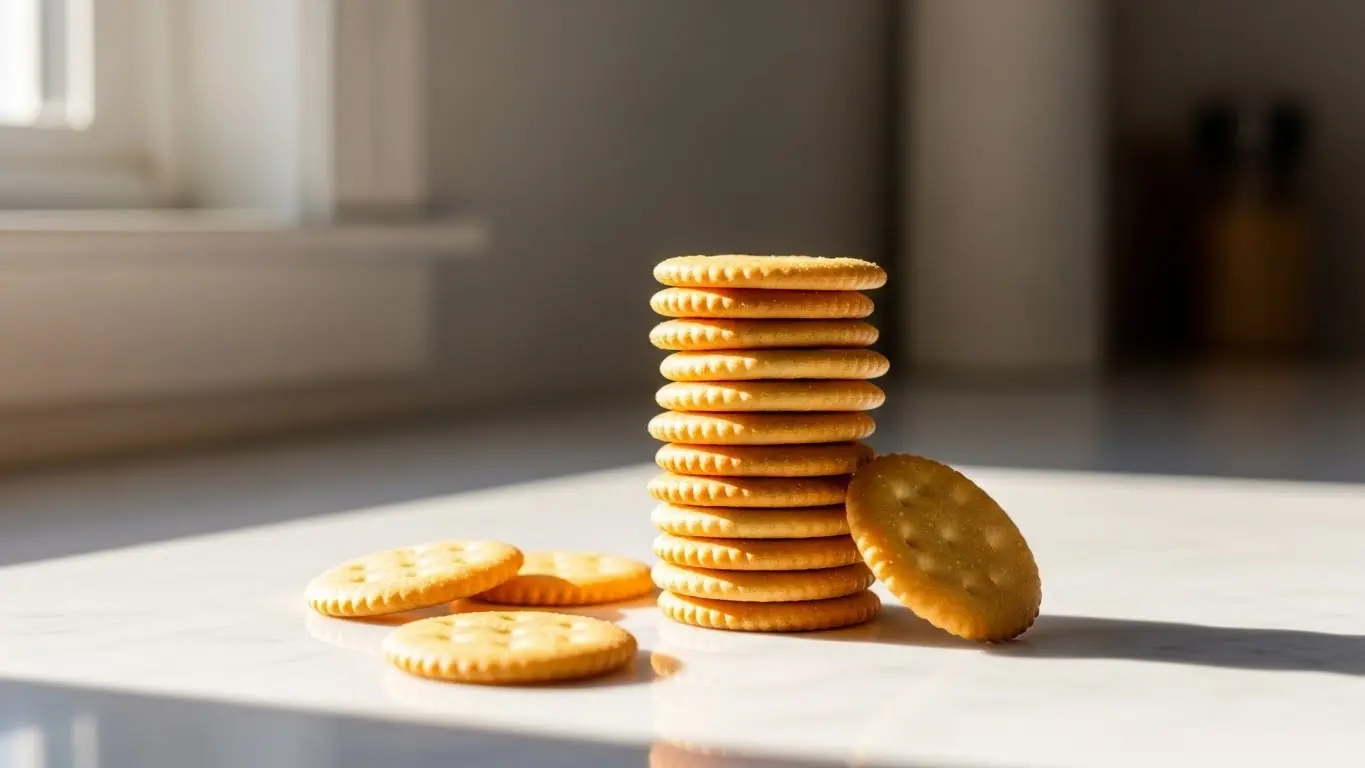 Saltine crackers nutrition facts complete scientific breakdown and analysis showing golden crackers elegantly arranged on marble surface