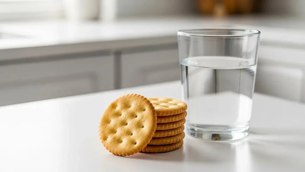 Saltines Nutritional Value: Expert RD Guide to Cracker Facts 2026 1 Saltine crackers stack showing portion size next to glass of water for nutritional reference