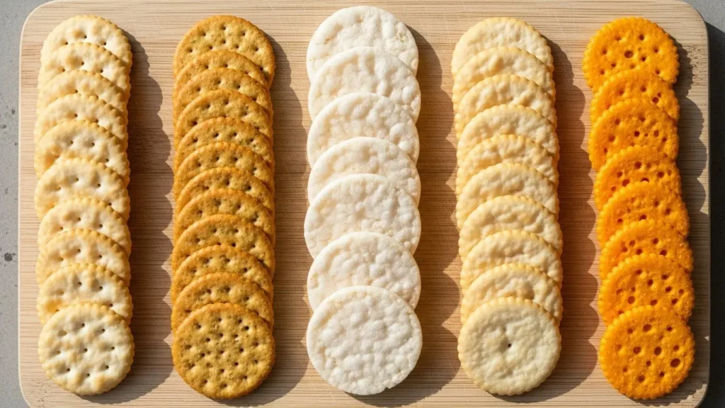 Saltines Nutritional Value: Expert RD Guide to Cracker Facts 2026 2 Different crackers types comparison including saltines whole wheat and rice crackers on wooden board