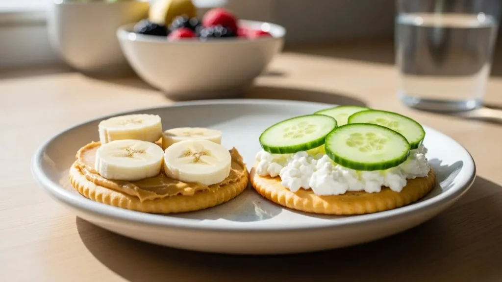 Saltines Nutritional Value: Expert RD Guide to Cracker Facts 2026 3 Saltine crackers with healthy toppings like peanut butter banana and cottage cheese on ceramic plate